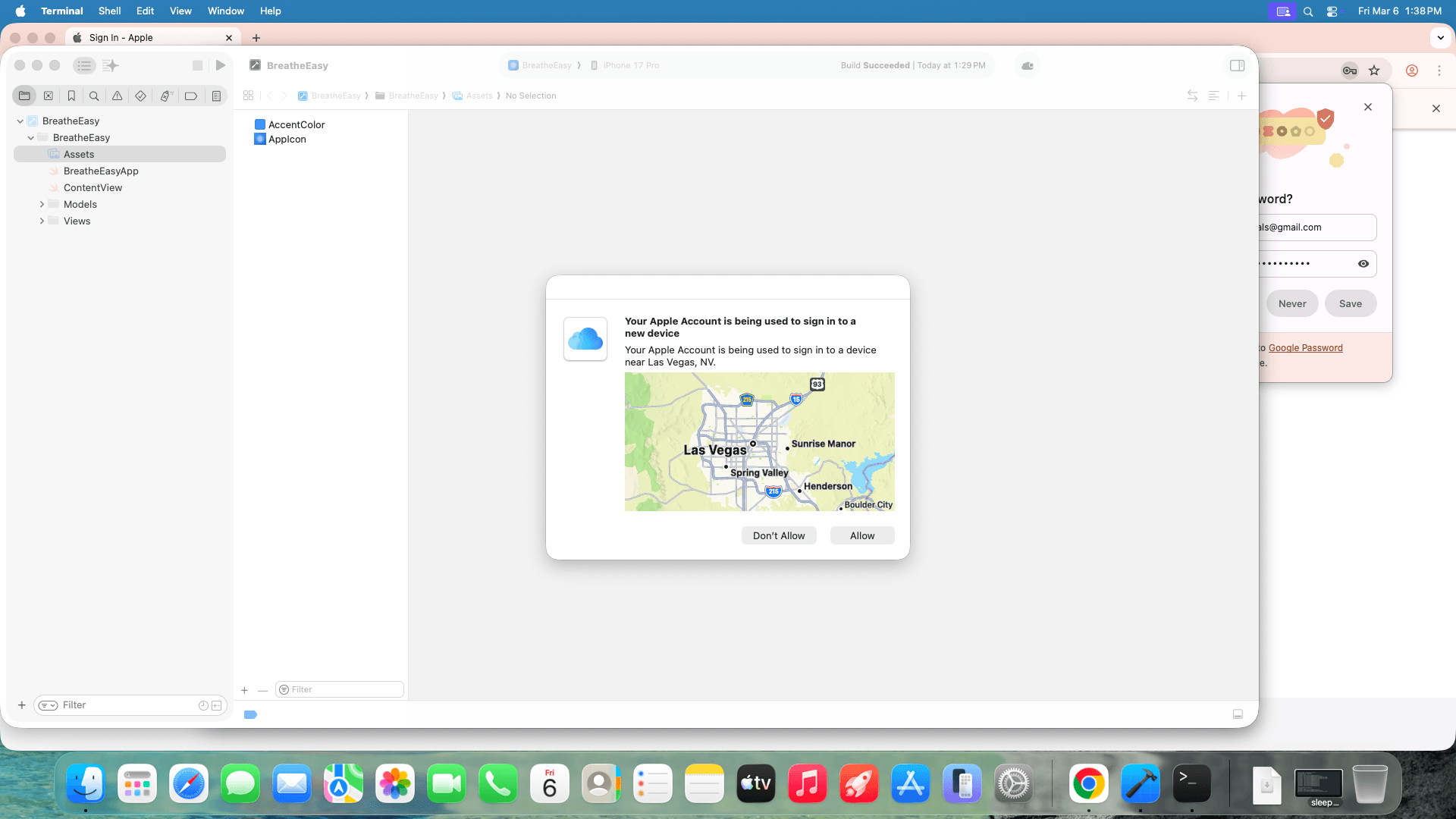 Apple 2FA dialog showing sign-in attempt near Las Vegas, NV with Allow and Don't Allow buttons