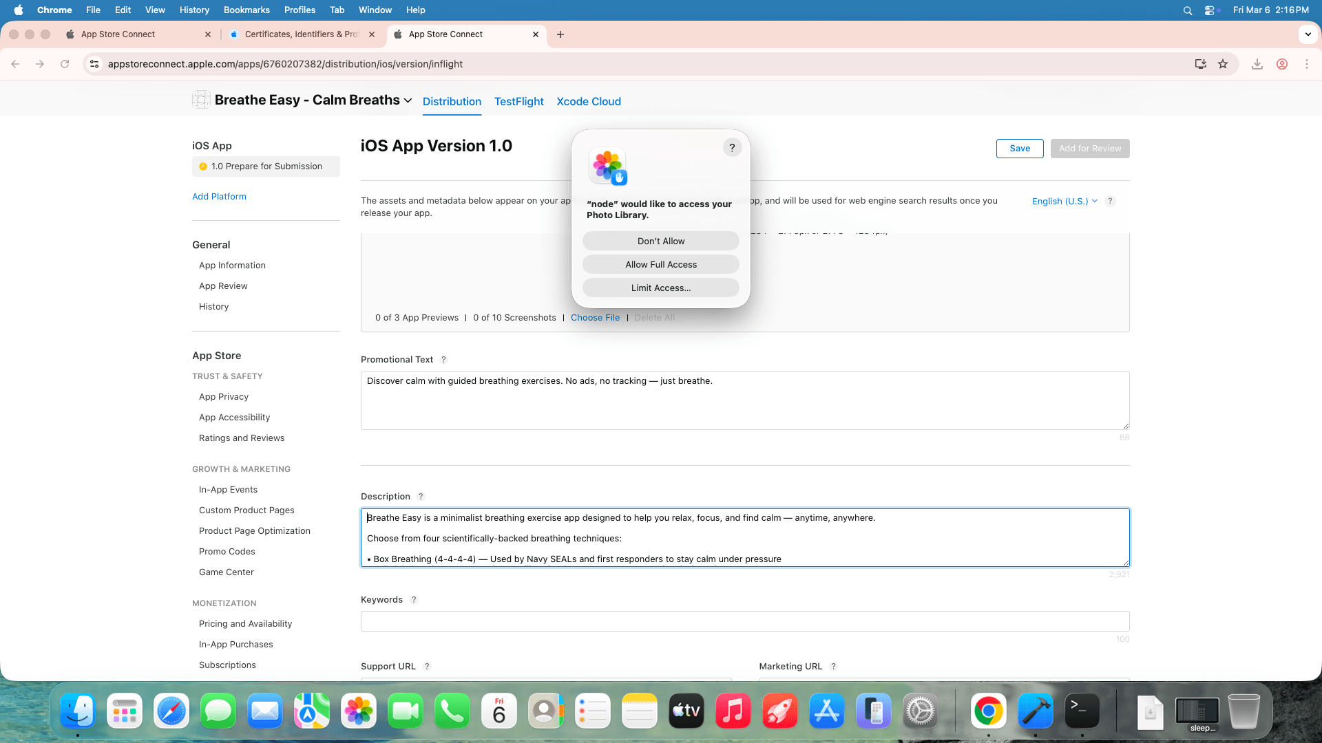 App Store Connect showing the Breathe Easy metadata form with a macOS permissions dialog overlaid