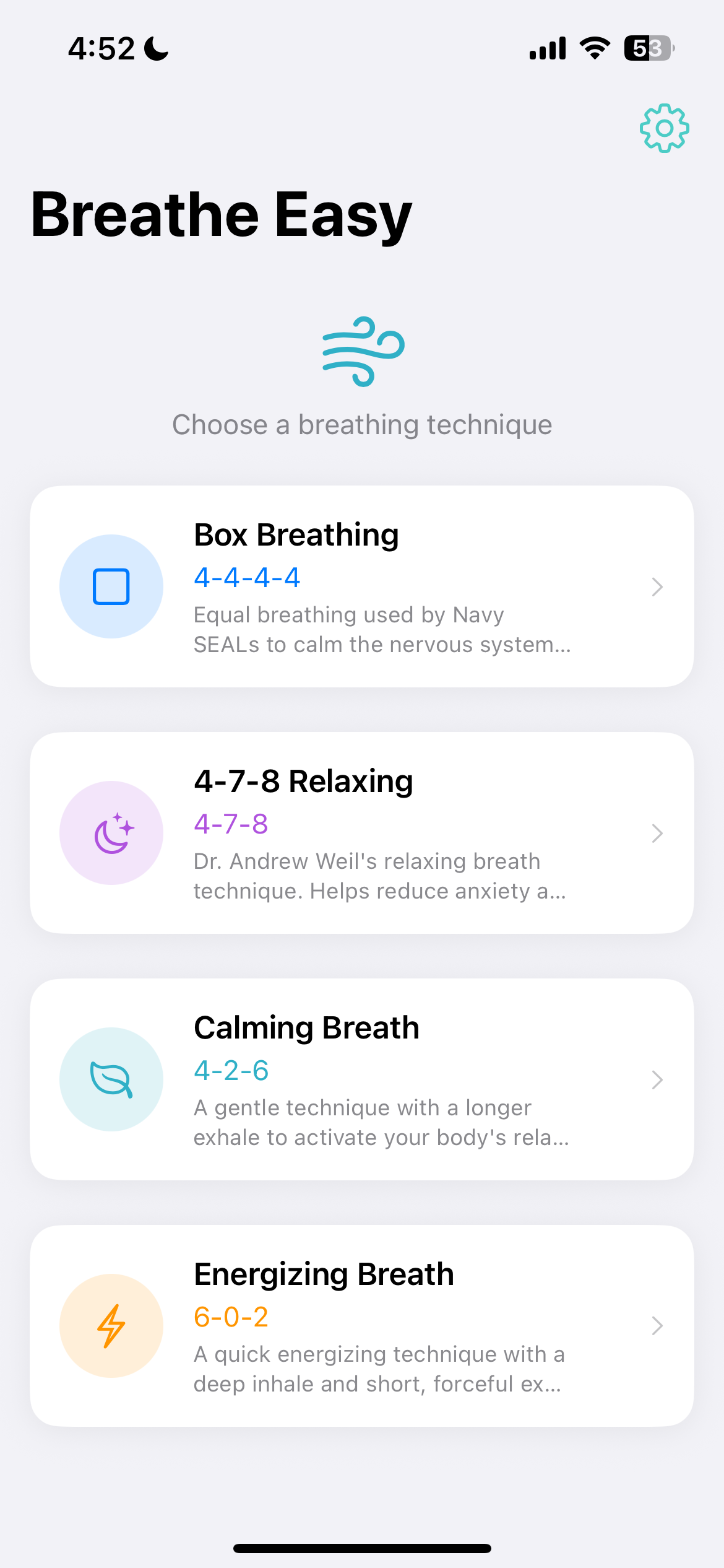 The Breathe Easy app built by the AI agent, showing breathing exercise techniques
