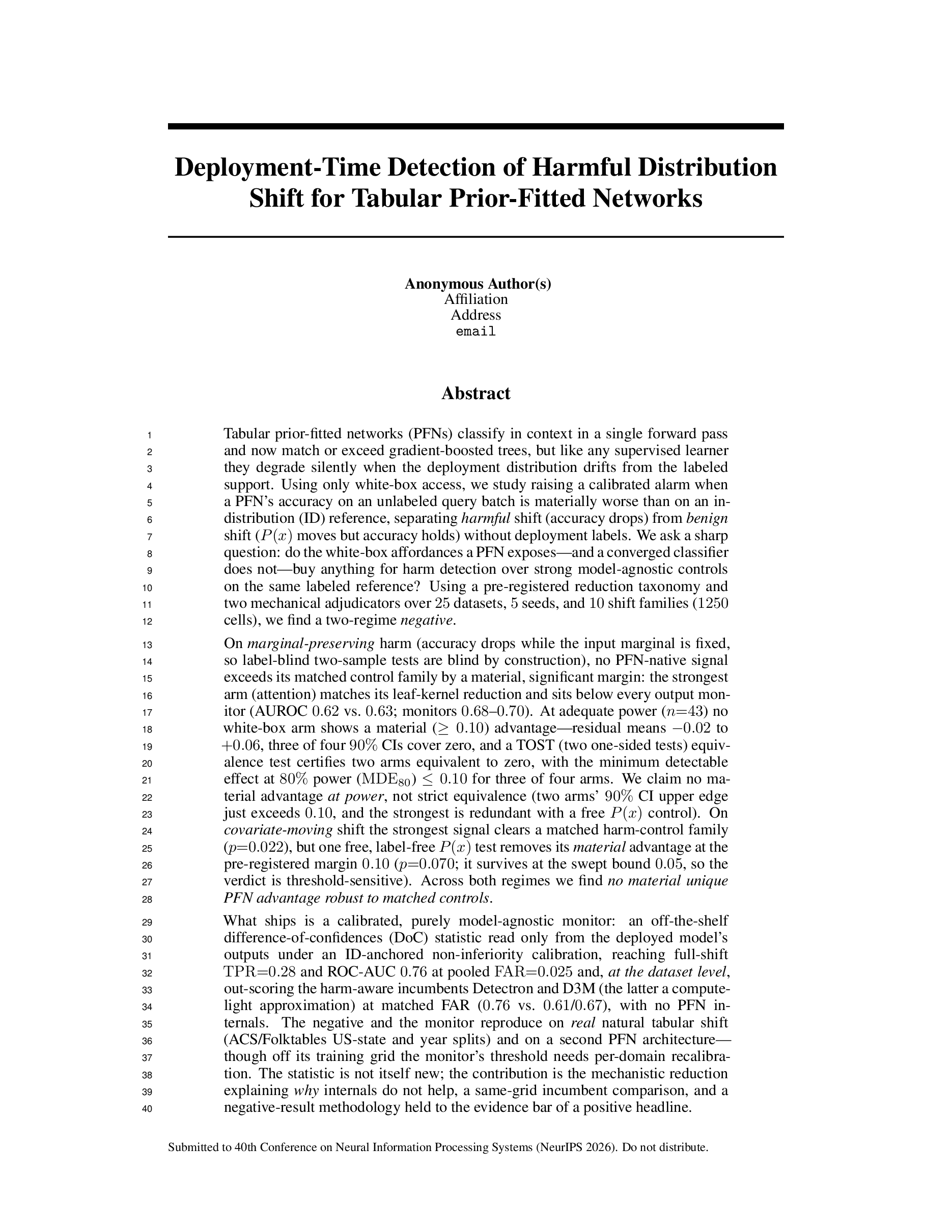 First page of the TabPFN paper's unedited draft: a dense abstract runs the full length of the page, leaving no room for the introduction.